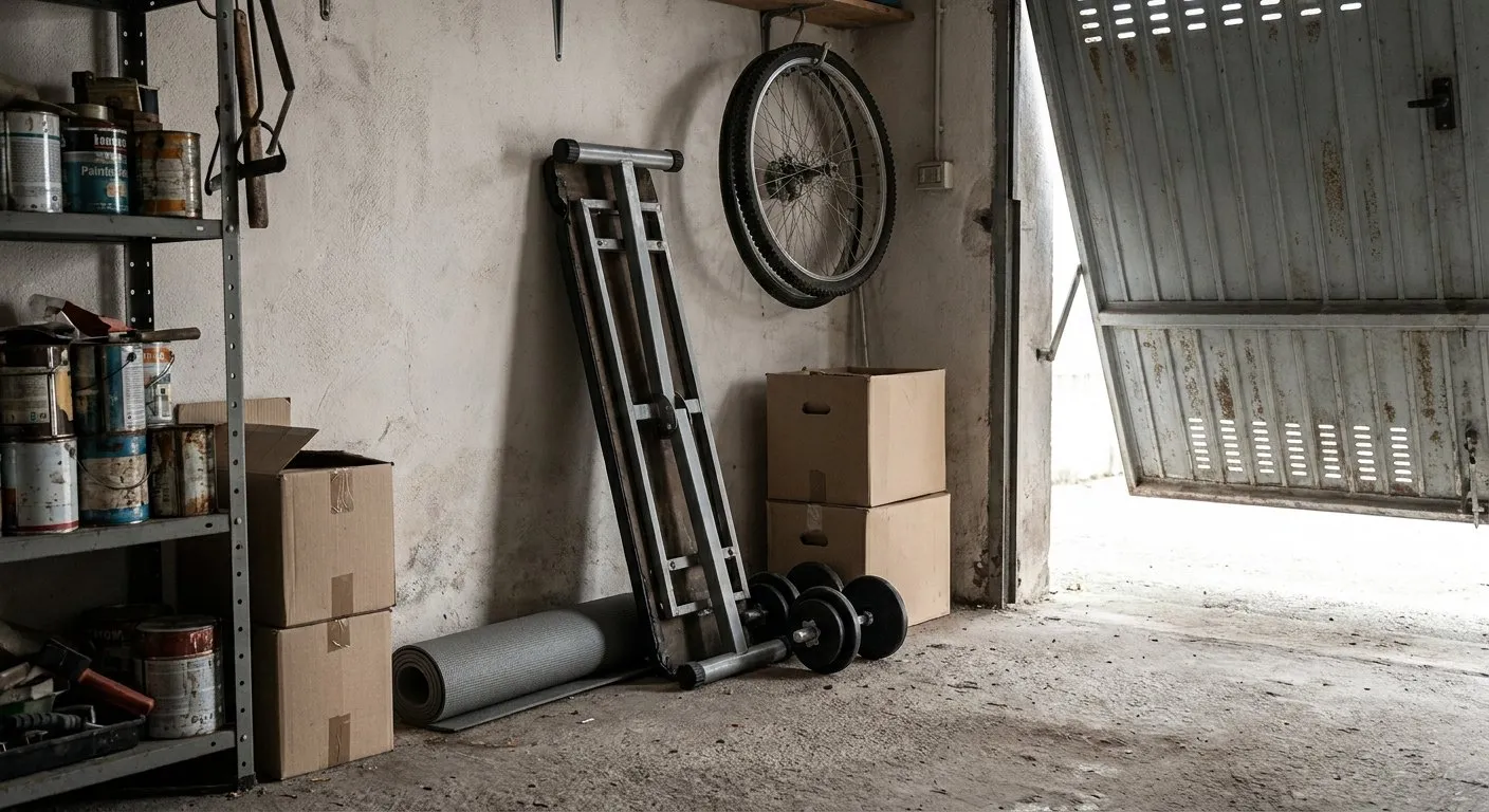 Panca pieghevole e manubri in un angolo di garage, fra scatoloni