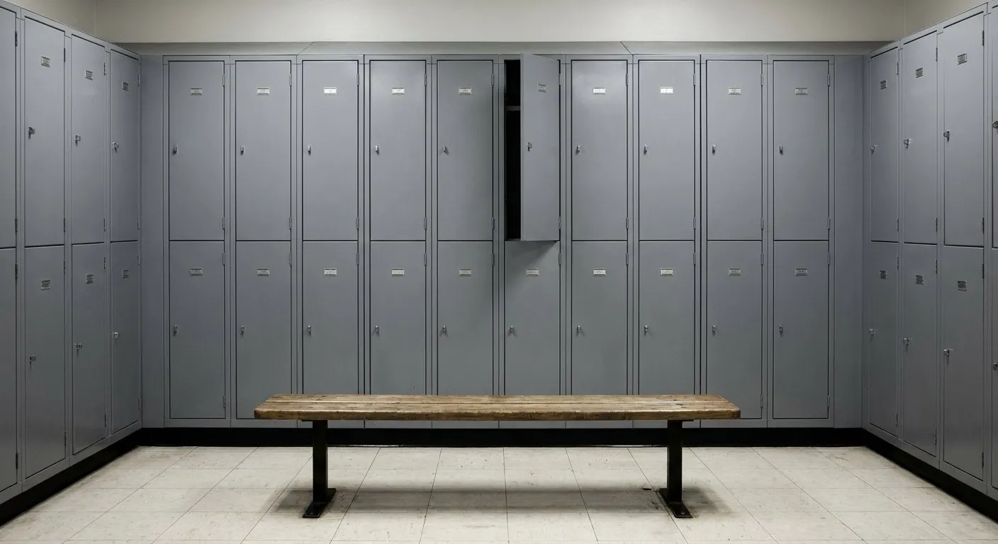 File di armadietti grigi identici in uno spogliatoio