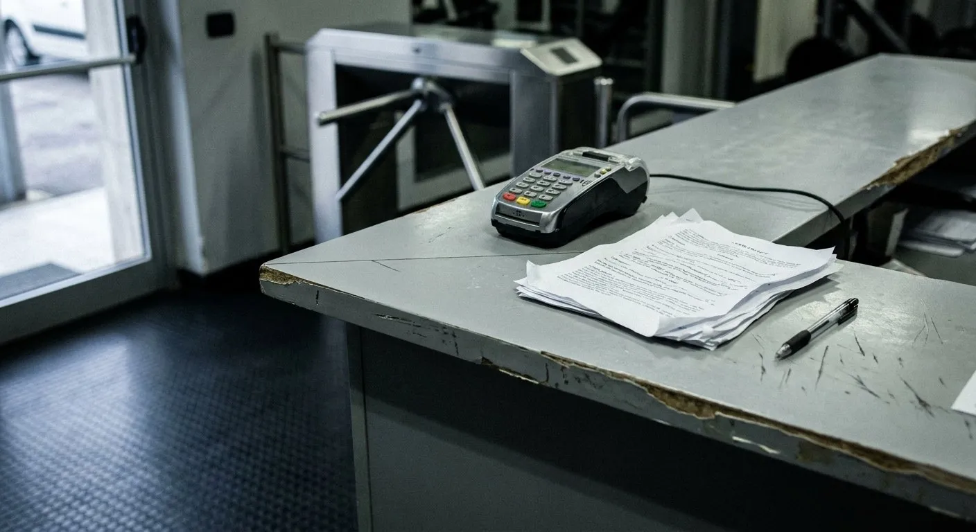 Il banco di ingresso di una palestra, con dei fogli sul piano
