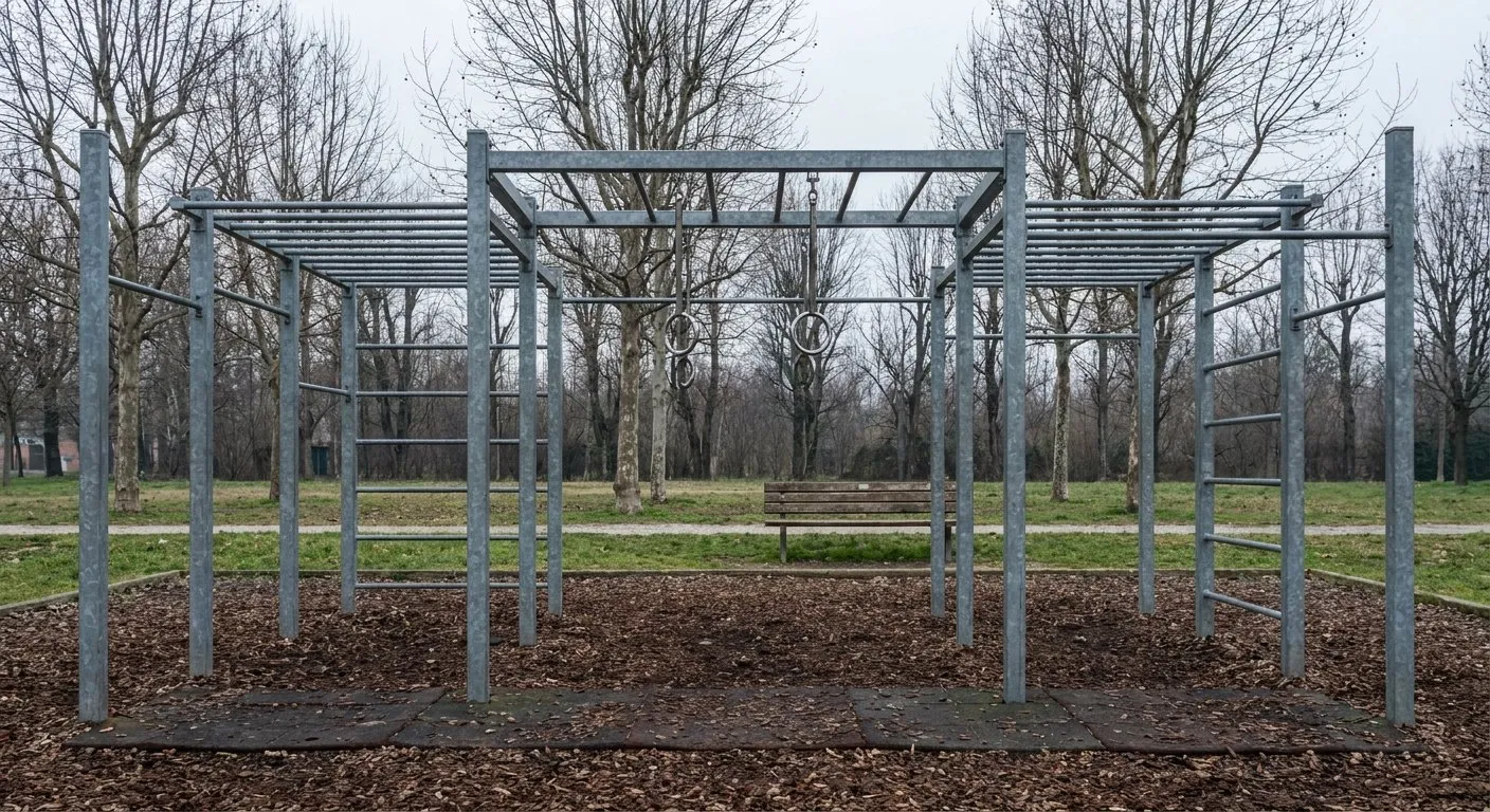 Una struttura per calisthenics in un parco pubblico, vuota, in inverno